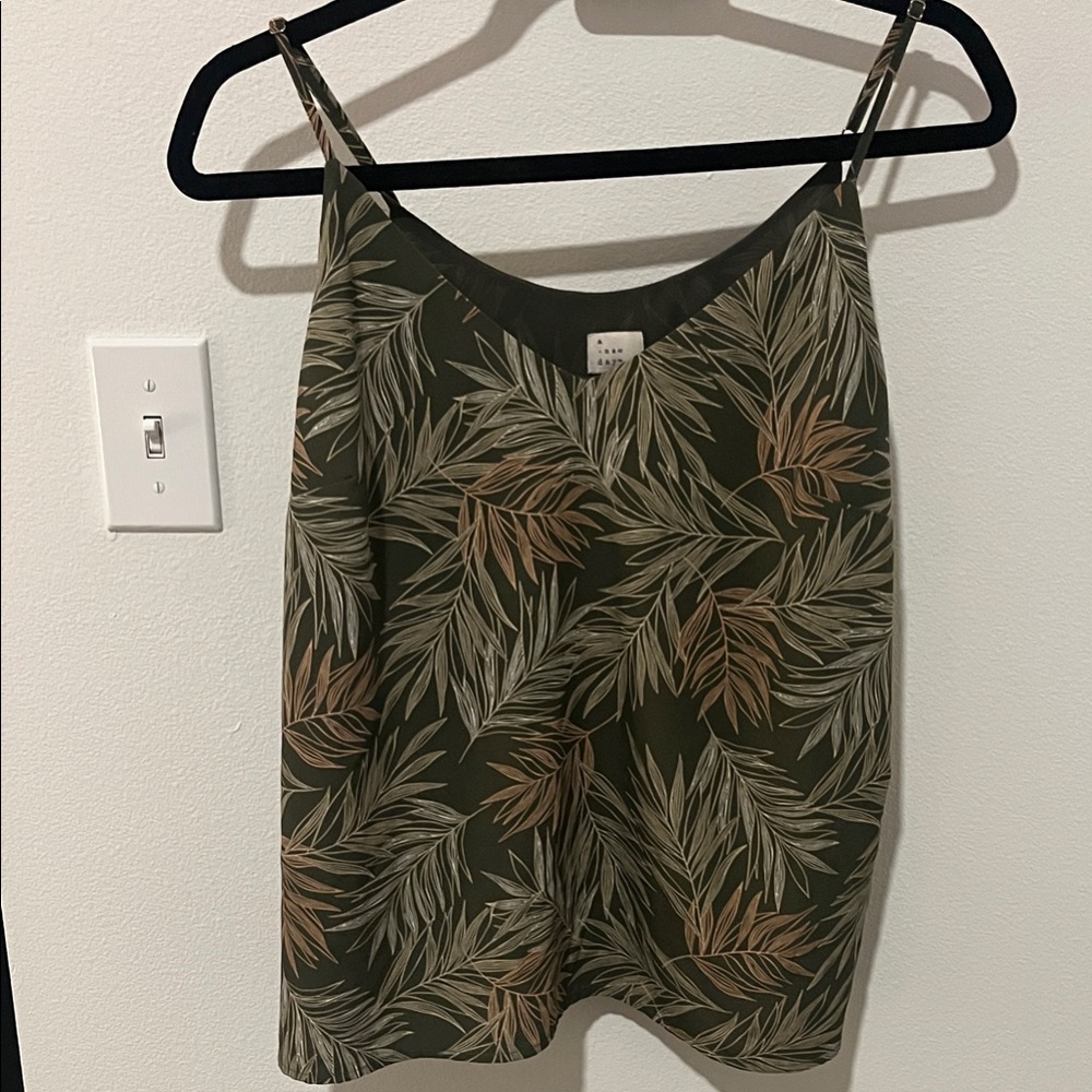 a new day Olive and Tan Leaf Print Top Tank
